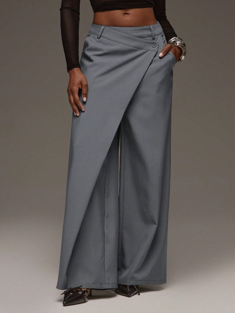Grey Casual Women's Loose Long Wide Leg Pants - Picture 4 of 6